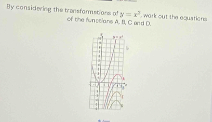 By considering the transformations of y=x^2 , work out the equations
of the functions A, B, C and D.