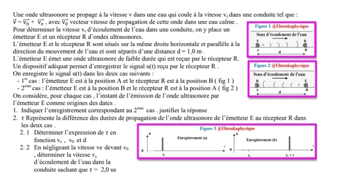 Une onde ultrasonore se propage à la vitesse v dans une eau qui coule à la vitesse v, dans une conduite tel que :
vector v=vector v_0+vector v_e , avec vector V_0 vecteur vitesse de propagation de cette onde dans une eau calme . Figure 1 @Chtoukaphysique
Pour déterminer la vitesse V_c d’écoulement de l’eau dans une conduite, on y place un Sens d'écoulement de l'eau
émetteur E et un récepteur R d'ondes ultrasonores.
R
L'émetteur E et le récepteur R sont situés sur la même droite horizontale et parallèle à la E  
A
direction du mouvement de l'eau et sont séparés d'une distance d=1,0m. d B
L'émetteur E émet une onde ultrasonore de faible durée qui est reçue par le récepteur R.
Un dispositif adéquat permet d’enregistrer le signal u(t) reçu par le récepteur R . Figure 2 @Chtoukaphysique
On enregistre le signal u(t) dans les deux cas suivants : Sens d'écoulement de l'eau
-1^(cr) cas : l'émetteur E est à la position A et le récepteur R est à la position B ( fig 1 ) R C C ( a E

-2^(tmx) cas : l’émetteur E est à la position B et le récepteur R est à la position A ( fig 2 ) A d B
On considère, pour chaque cas , l'instant de l'émission de l'onde ultrasonore par
l'émetteur E comme origines des dates .
1. Indiquer l’enregistrement correspondant au 2^(ime)cas. justifier la réponse
2. τ Représente la différence des durées de propagation de l'onde ultrasonore de l'émetteur E au récepteur R dans
les deux cas .
2. 1 Déterminer l’expression de τ en 
fonction V_c,V_0 et d
2. 2 En négligeant la vitesse ve devant
, déterminer la vitesse V_c
d'écoulement de l'eau dans la
conduite sachant que tau =2,0 us