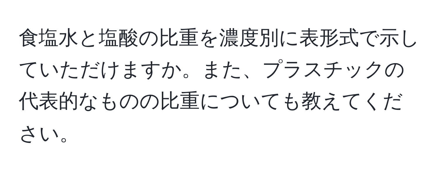 食塩水と塩酸の比重を濃度別に表形式で示していただけますか。また、プラスチックの代表的なものの比重についても教えてください。