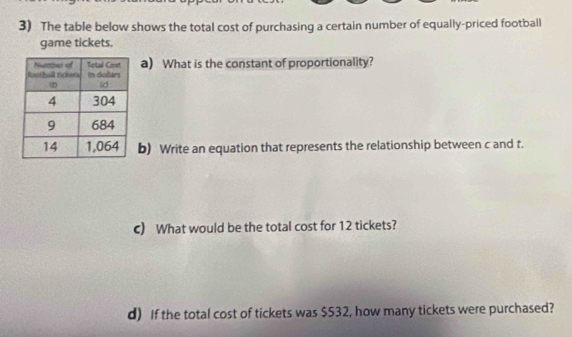 The table below shows the total cost of purchasing a certain number of equally-priced football 
game tickets. 
a) What is the constant of proportionality? 
b) Write an equation that represents the relationship between c and t. 
c) What would be the total cost for 12 tickets? 
d) If the total cost of tickets was $532, how many tickets were purchased?