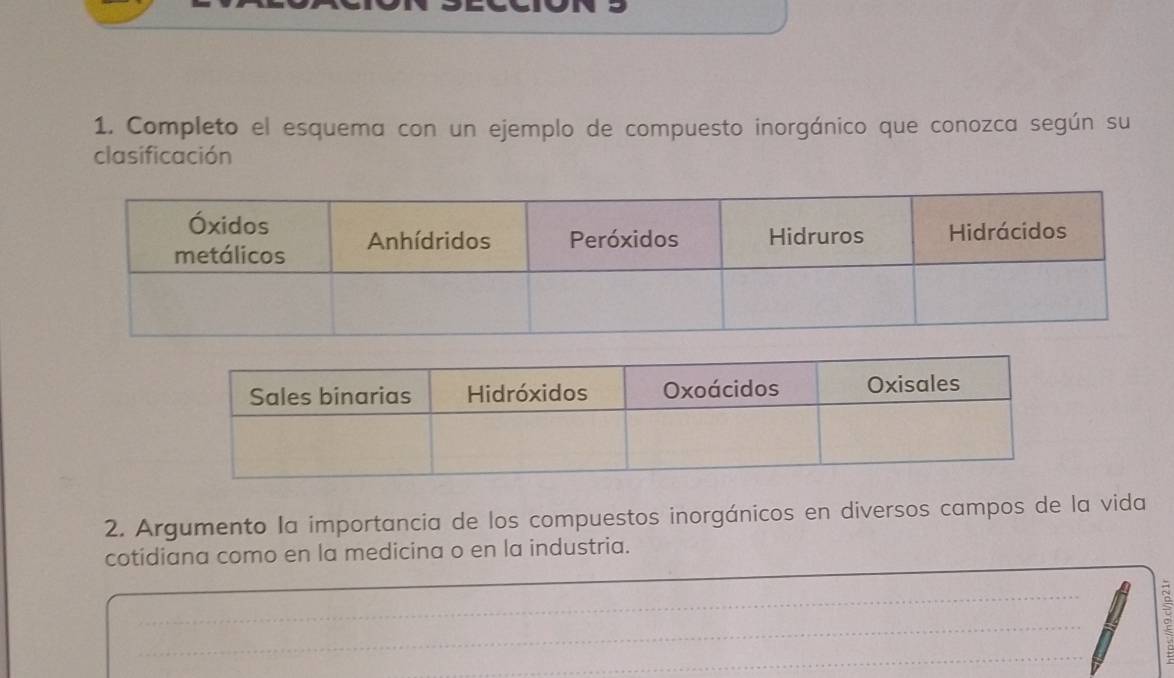 Completo el esquema con un ejemplo de compuesto inorgánico que conozca según su 
clasificación 
2. Argumento la importancia de los compuestos inorgánicos en diversos campos de la vida 
cotidiana como en la medicina o en la industria.