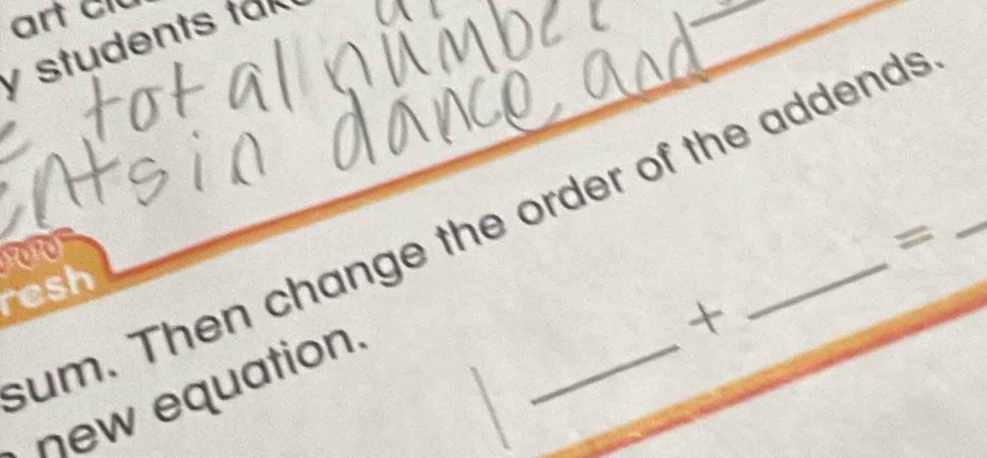 students fa 
um. Then change the order of the addends 
= 
resh 
n e equation. 
+