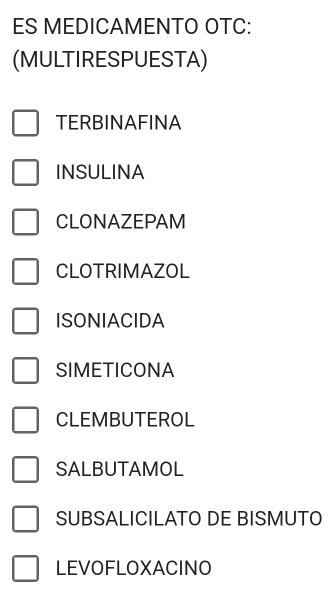 ES MEDICAMENTO OTC:
(MULTIRESPUESTA)
TERBINAFINA
INSULINA
CLONAZEPAM
CLOTRIMAZOL
ISONIACIDA
SIMETICONA
CLEMBUTEROL
SALBUTAMOL
SUBSALICILATO DE BISMUTO
LEVOFLOXACINO