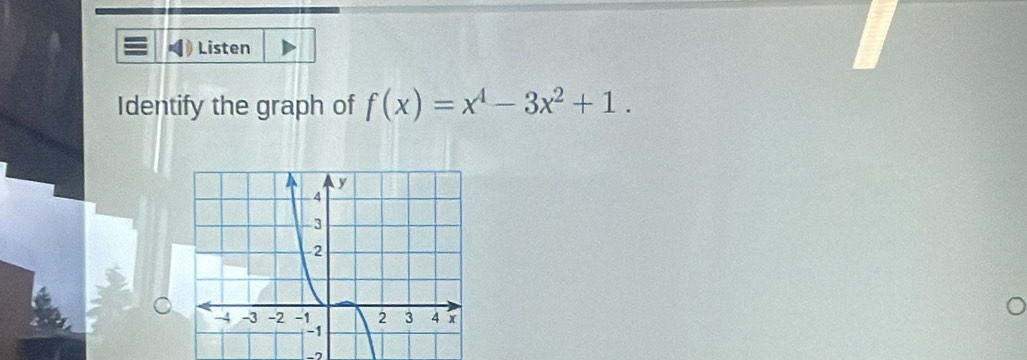 Listen 
Identify the graph of f(x)=x^4-3x^2+1.
-7