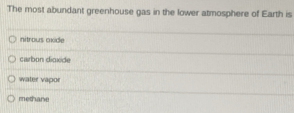 The most abundant greenhouse gas in the lower atmosphere of Earth is
nitrous oxide
carbon dioxide
water vapor
methane