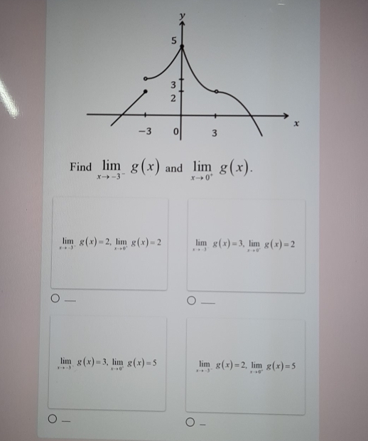 Find limlimits _xto -3^-g(x) and limlimits _xto 0^+g(x).
limlimits _xto -3^-g(x)=2, limlimits _xto 0^-g(x)=2 limlimits _xto -3^-g(x)=3, limlimits _xto 0^-g(x)=2
limlimits _xto -3^-g(x)=3, limlimits _xto 0^-g(x)=5 limlimits _xto -3^-g(x)=2, limlimits _xto 0^-g(x)=5