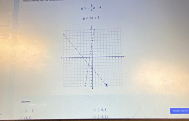 would satuy i
y>- 5/4 x-4
y<6x+5
Answer
(1,-7)
(-6,8)
Salhanin Anurg
(8,7)
(-8,2)