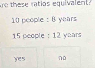 Are these ratios equivalent?
10 people : 8 years
15 people : 12 years
yes
no