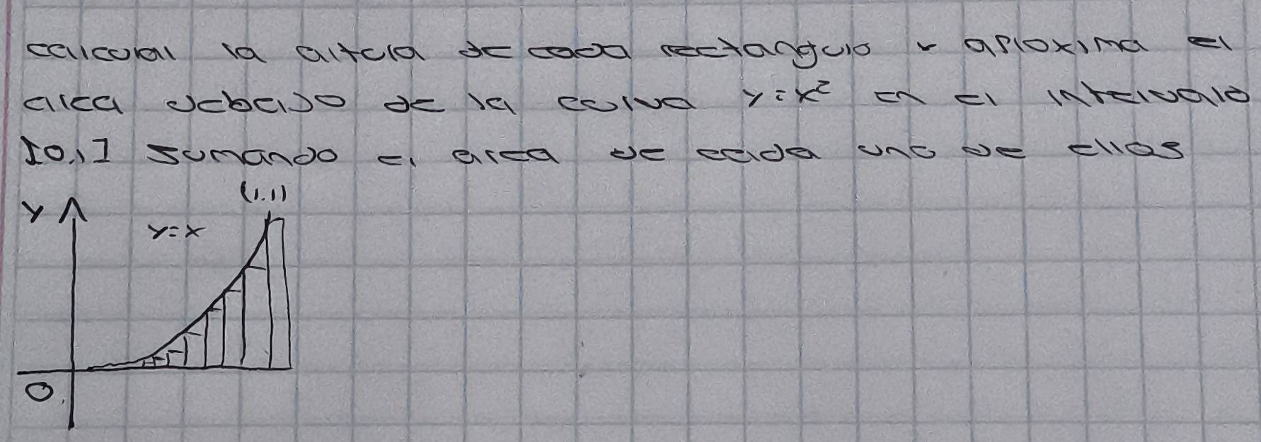 eaicoal la attold decoon rectanguo v aploxind el
alca Jebeso de la colvd y=x^2 EN EI INTEIDOIE
¢0, 11 sumanoo e area de eade unó pe clas