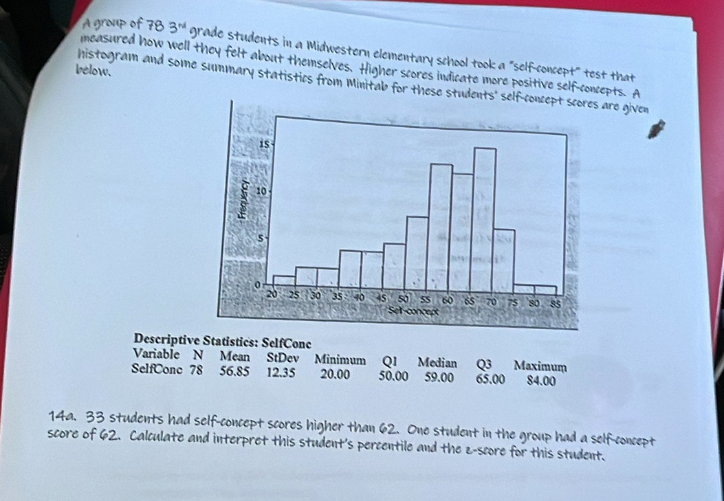 A group of 78 3^(rd) grade students in a Midwestern elementary school took a "self-concept" test that
measured how well they felt about themselves. Higher scores indicate more positive self-concepts. A
below.
histogram and some summary statistics from Minitab for these student are given
Descriptive Statistics: SelfConc
Variable N Mean StDev Minimum Ql Median Q3 Maximum
SelfConc 78 56.85 12.35 20.00 50.00 59.00 65.00 84.00
14a. 33 students had self-concept scores higher than 62. One student in the group had a self-concept
score of 62. Calculate and interpret this student's percentile and the z-score for this student.