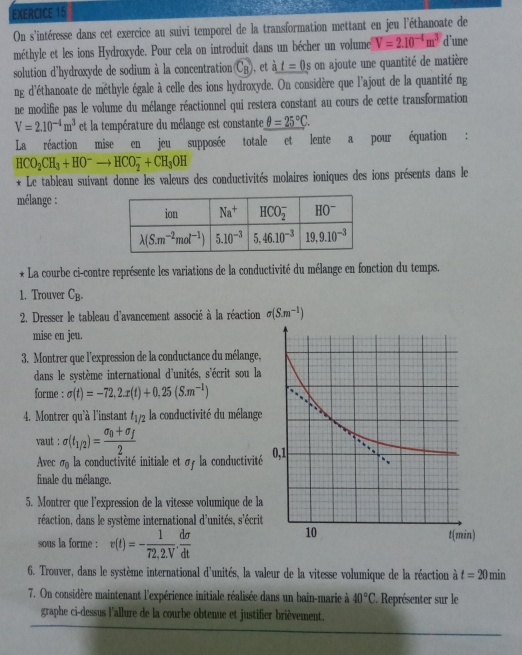 On s'intéresse dans cet exercice au suivi temporel de la transformation mettant en jeu l'éthanoate de
méthyle et les ions Hydroxyde. Pour cela on introduit dans un bécher un volume V=2.10^(-4)m^3 d'une
solution d'hydroxyde de sodium à la concentration widehat C_B , et _ it=0 on ajoute une quantité de matière
ng d'éthanoate de méthyle égale à celle des ions hydroxyde. On considère que l'ajout de la quantité ng
ne modifie pas le volume du mélange réactionnel qui restera constant au cours de cette transformation
V=2.10^(-4)m^3 et la température du mélange est constante θ =25°C.
La réaction mise en jeu supposée totale et lente a pour équation :
HCO_2CH_3+HO^-to HCO_2^(-+CH_3)OH
* Le tableau suivant donne les valeurs des conductivités molaires ioniques des ions présents dans le
mélange :
* La courbe ci-contre représente les variations de la conductivité du mélange en fonction du temps.
1. Trouver C_B.
2. Dresser le tableau d'avancement associé à la réaction sigma (S.m^(-1))
mise en jeu.
3. Montrer que l'expression de la conductance du mélange,
dans le système international d'unités, s'écrit sou la
forme : sigma (t)=-72,2.x(t)+0,25(S.m^(-1))
4. Montrer qu'à l'instant t_1/2 la conductivité du mélange
vaut : sigma (t_1/2)=frac sigma _0+sigma _f2
Avec sigma _0 la conductivité initiale et σ la conductivité
finale du mélange.
5. Montrer que l'expression de la vitesse volumique de la
réaction, dans le système international d'unités, s'écrit
sous la forme : v(t)=- 1/72,2.V . dsigma /dt 
6. Trouver, dans le système international d'unités, la valeur de la vitesse volumique de la réaction à t=20min
7. On considère maintenant l'expérience initiale réalisée dans un bain-marie à 40°C Représenter sur le
graphe ci-dessus l'allure de la courbe obtenue et justifier brièvement.