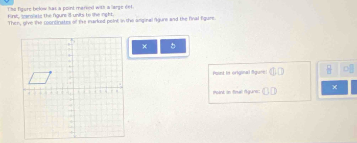 The figure below has a point marked with a large dot. 
First, translate the figure 8 units to the right. 
Then, give the coordinates of the marked point in the original figure and the final figure. 
× 
Point in original figure:  □ /□  
× 
Point in final figure: