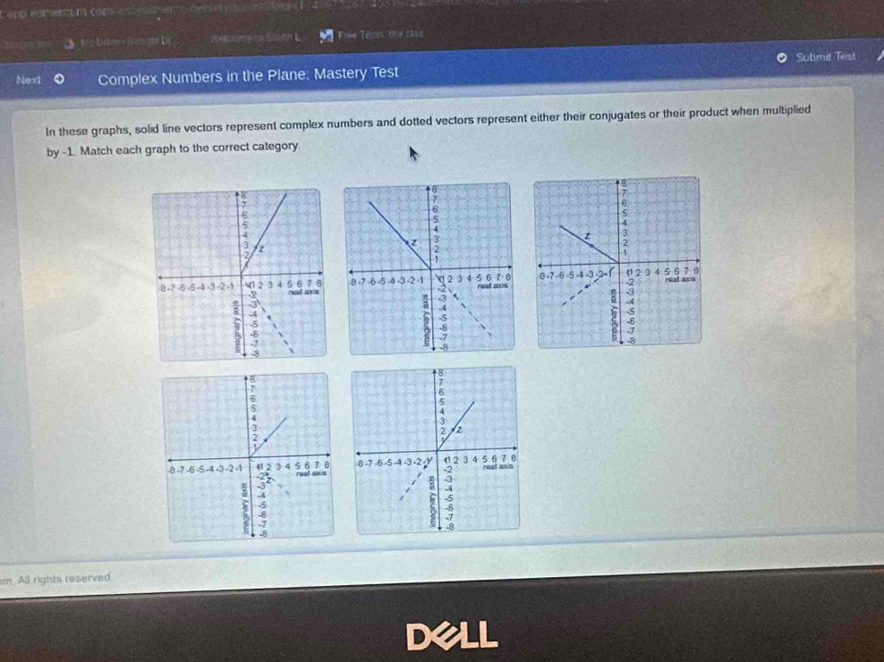 app eomenn m com asted e del ey raio meor 
Dire Bomts Di dvenome to South L Telns the clas 
Submit Test 
Next Complex Numbers in the Plane: Mastery Test 
In these graphs, solid line vectors represent complex numbers and dotted vectors represent either their conjugates or their product when multiplied 
by -1. Match each graph to the correct category 

m. All rights reserved.