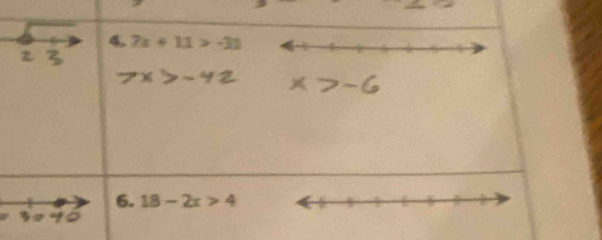 7x+11>-31
6. 18-2x>4