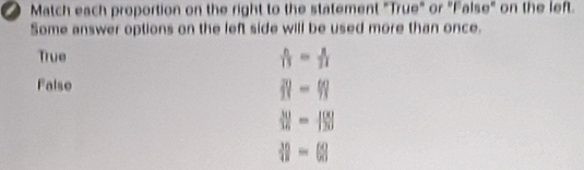 Match each proportion on the right to the statement "True" or "False" on the left.
Some answer options on the left side will be used more than once.
True  n/13 = n/11 
Falso _ 20-_ 60
 30/15 = 100/120 
39-68