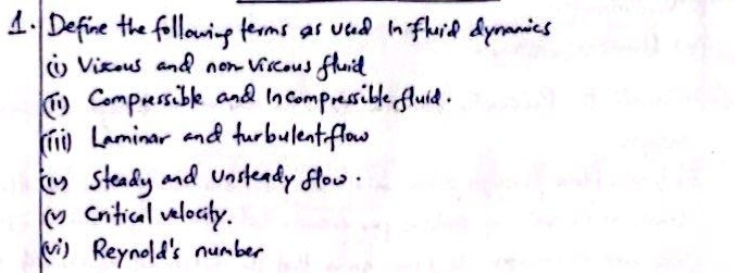 Résolu :1Define the following terms as vead in fluid dymanics (i ...