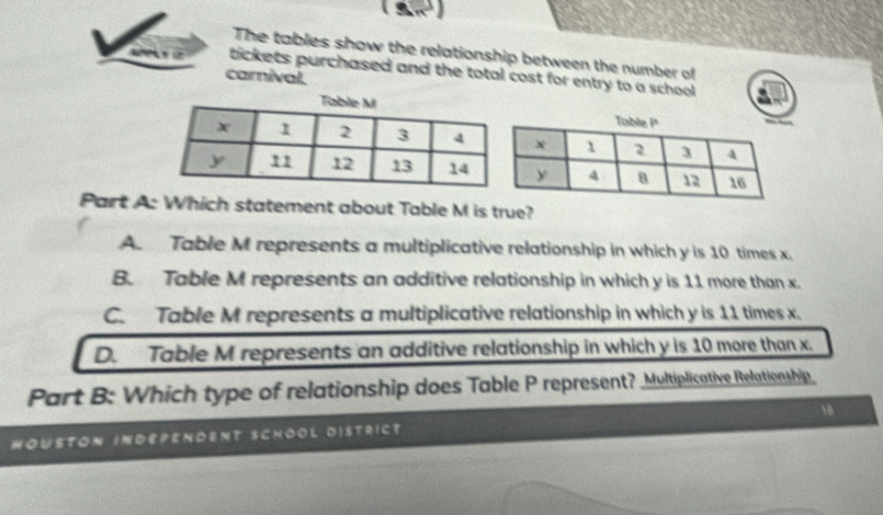 The tables show the relationship between the number of
tickets purchased and the total cost for entry to a school
carival.
Part A: Which statement about Table M is true?
A. Table M represents a multiplicative relationship in which y is 10 times x.
B. Table M represents an additive relationship in which y is 11 more than x.
C. Table M represents a multiplicative relationship in which y is 11 times x.
D. Table M represents an additive relationship in which y is 10 more than x.
Part B: Which type of relationship does Table P represent? _Multiplicative Relationship
Houston independent School district 18