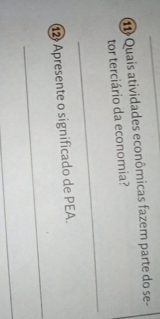 Quais atividades econômicas fazem parte do se- 
tor terciário da economia? 
_ 
12 Apresente o significado de PEA. 
_ 
_
