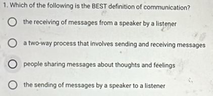 Which of the following is the BEST definition of communication?
the receiving of messages from a speaker by a listener
a two-way process that involves sending and receiving messages
people sharing messages about thoughts and feelings
the sending of messages by a speaker to a listener