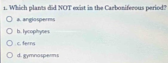 Which plants did NOT exist in the Carboniferous period?
a. angiosperms
b. lycophytes
c. ferns
d. gymnosperms