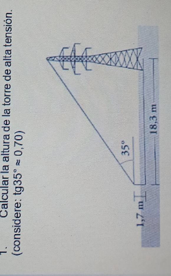 Calcular la altura de la torre de alta tensión.
(considere: tg 35°approx 0,70)