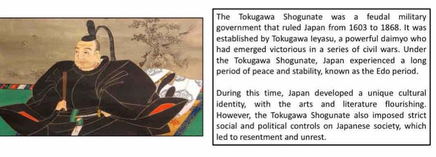 Tokugawa Shogunate was a feudal military 
ernment that ruled Japan from 1603 to 1868. It was 
blished by Tokugawa Ieyasu, a powerful daimyo who 
emerged victorious in a series of civil wars. Under 
Tokugawa Shogunate, Japan experienced a long 
iod of peace and stability, known as the Edo period. 
ing this time, Japan developed a unique cultural 
tity, with the arts and literature flourishing. 
ever, the Tokugawa Shogunate also imposed strict 
al and political controls on Japanese society, which 
to resentment and unrest.