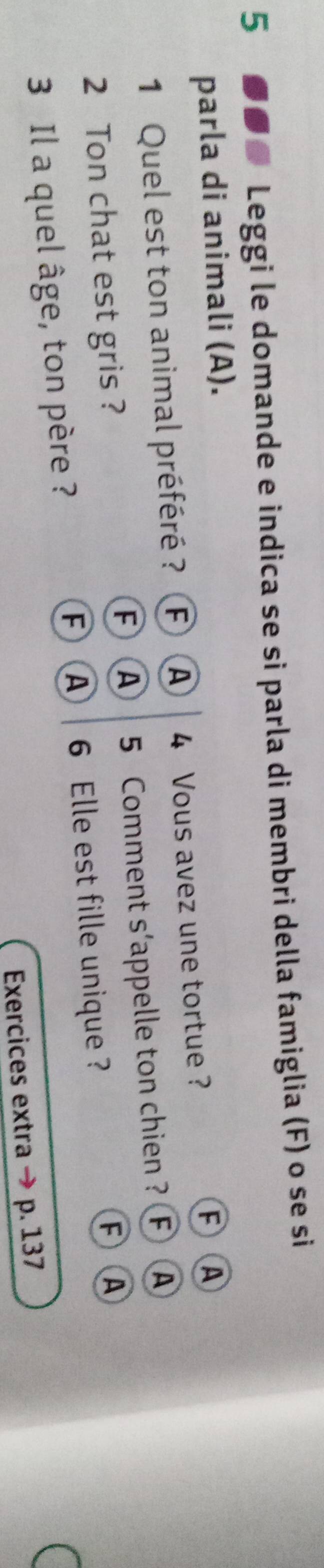 5 ●● Leggi le domande e indica se si parla di membri della famiglia (F) o se si 
parla di animali (A). 
1 Quel est ton animal préféré ? FA 4 Vous avez une tortue ? 
F A 
2 Ton chat est gris ? 5 Comment s'appelle ton chien ? FA 
F A 
FA 
F A 6 Elle est fille unique ? 
3 Il a quel âge, ton père ? 
Exercices extra p. 137