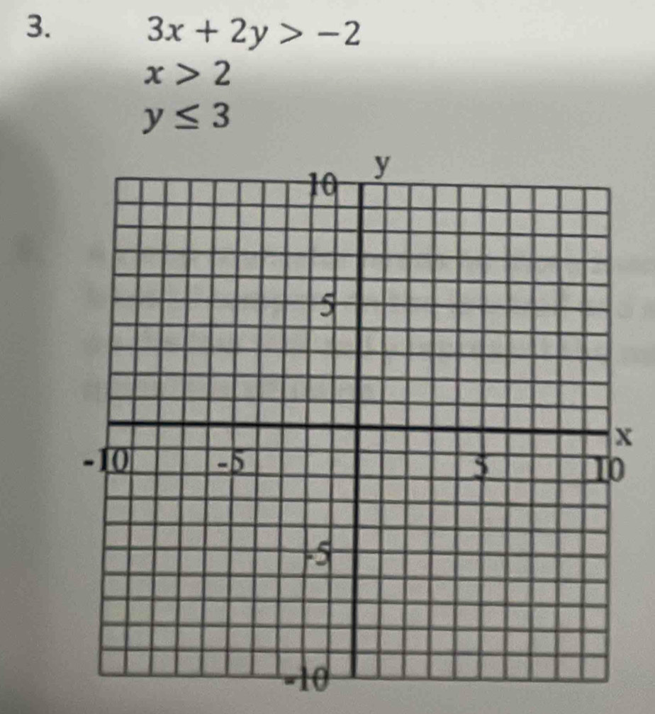 3x+2y>-2
x>2
y≤ 3