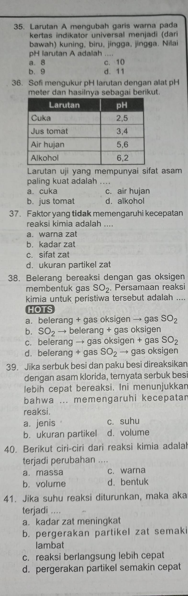 Larutan A mengubah garis warna pada
kertas indikator universal menjadi (dari
bawah) kuning, biru, jingga, jingga. Nilai
pH larutan A adalah ....
a. 8 c. 10
b. 9 d. 11
36. Sofi mengukur pH larutan dengan alat pH
meter dan hasilnya sebagai berikut.
Larutan uji yang mempunyai sifat asam
paling kuat adalah ....
a.cuka c. air hujan
b.jus tomat d. alkohol
37. Faktor yang tidak memengaruhi kecepatan
reaksi kimia adalah ....
a. warna zat
b. kadar zat
c. sifat zat
d. ukuran partikel zat
38. Belerang bereaksi dengan gas oksigen
membentuk gas SO_2. Persamaan reaksi
kimia untuk peristiwa tersebut adalah ....
HOTS
a. belerang + gas oksigen → gas SO_2
b. SO_2 → belerang + gas oksigen
c. belerang → gas oksigen + gas SO_2
d. belerang + gas SO_2 → gas oksigen
39. Jika serbuk besi dan paku besi direaksikan
dengan asam klorida, ternyata serbuk besi
lebih cepat bereaksi. Ini menunjukkan
bahwa ... memengaruhi kecepatan
reaksi.
a. jenis cí suhu
b. ukuran partikel d. volume
40. Berikut ciri-ciri dari reaksi kimia adalah
terjadi perubahan ....
a. massa c. warna
b. volume d. bentuk
41. Jika suhu reaksi diturunkan, maka aka
terjadi ....
a. kadar zat meningkat
b. pergerakan partikel zat semaki
lambat
c. reaksi berlangsung lebih cepat
d. pergerakan partikel semakin cepat