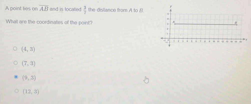 A point lies on overline AB and is located  3/7  the distance from A to B.
What are the coordinates of the point?
(4,3)
(7,3)
(9,3)
(12,3)