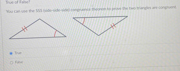 True of False?
You can use the SSS (side-side-side) congruence theorem to prove the two triangles are congruent.
True
False