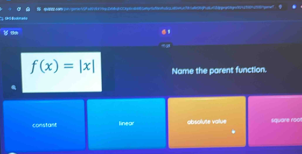 QuD2CB/niqoossd
f(x)=|x|
Name the parent function.
constant linear absolute value square root