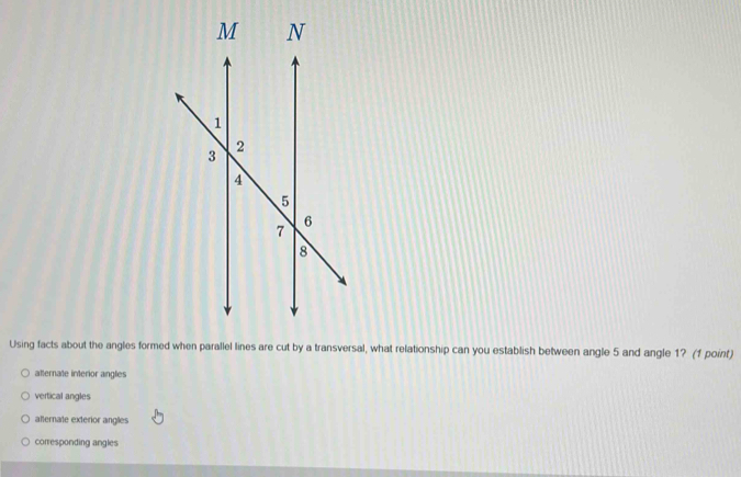 Using facts about the angles formed when parallel lines are cut by a transversal, what relationship can you establish between angle 5 and angle 1? (f point)
alternate interior angles
vertical angles
afternate exterior anglies
corresponding angles