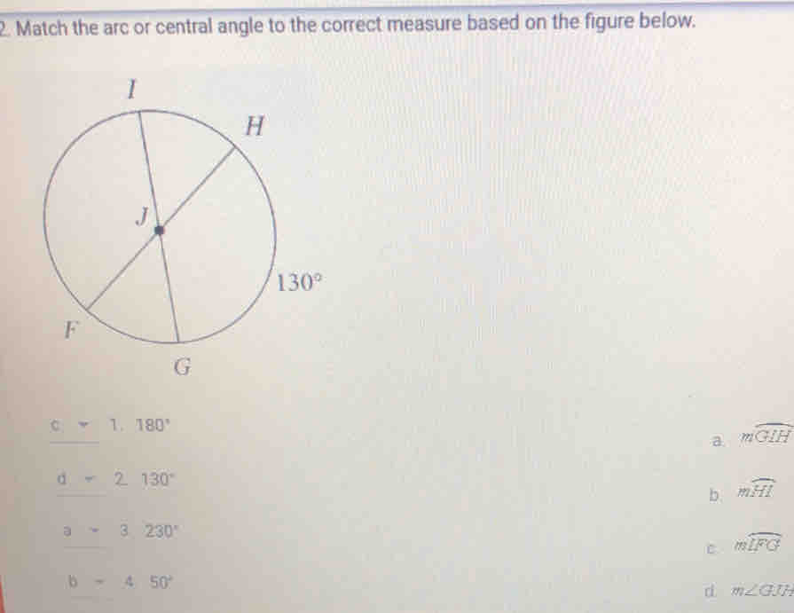 Solved: Match the arc or central angle to the correct measure based on ...