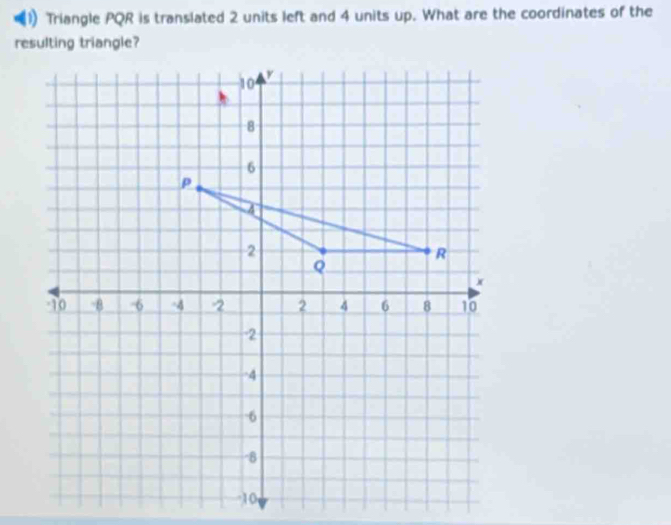 Triangle PQR is translated 2 units left and 4 units up. What are the coordinates of the