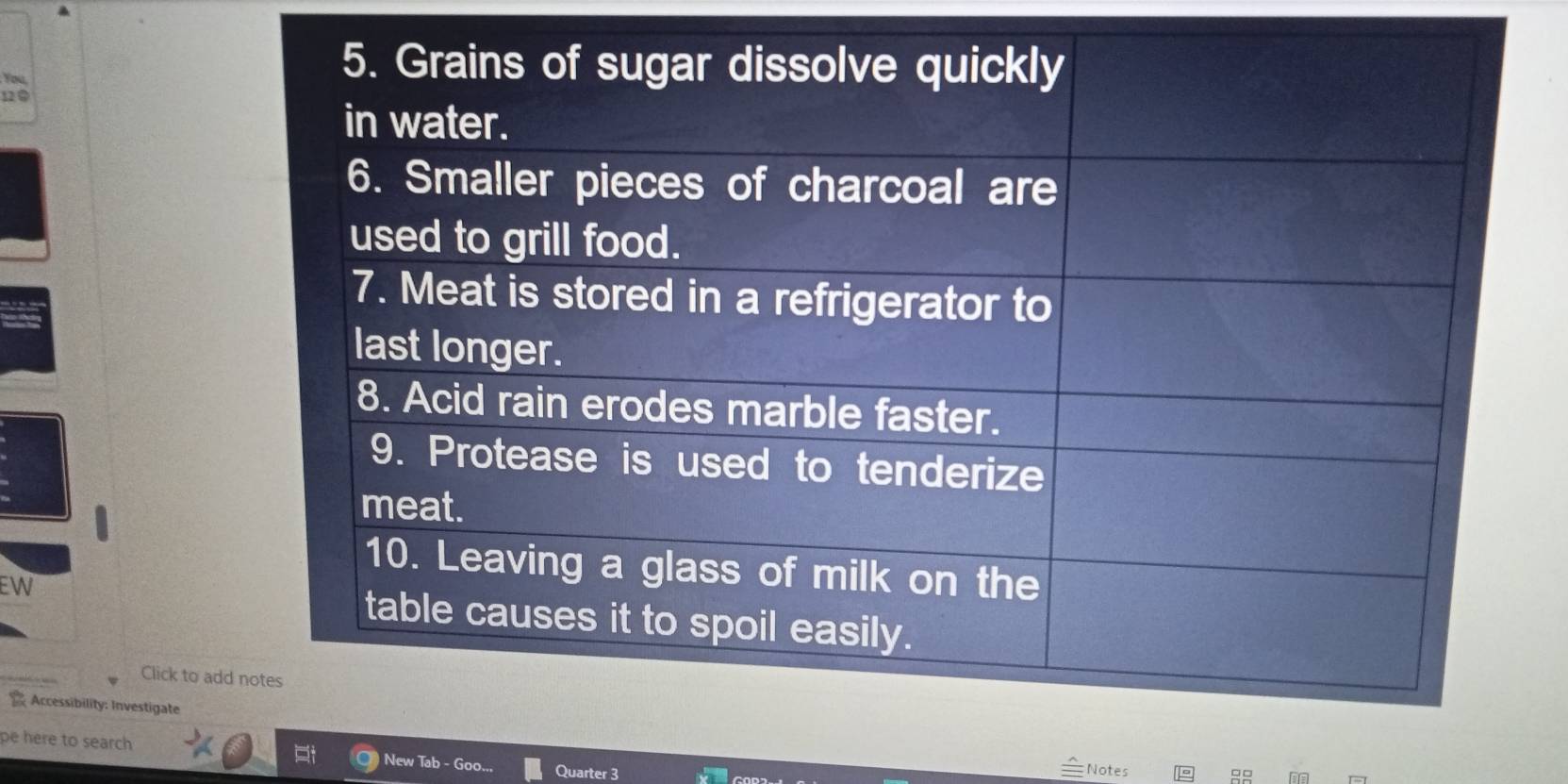 You 
12 ④ 
EW 
Click to ad 
☆ Accessibility: Investigate 
pe here to search 
New Ta 
Notes 
Quarter 3 99
