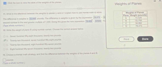 Click the icon to view the table of the weights of the planes. Weights of Planes
11. What is the difference between the weights of planes C and U7 Explain how to use mental math to solve 
The difference in waights is 22.489 pounds. The difference in weights is given by the expression 79.473=M
(Type whole numbers.) second number is the nexd greater mulliple of 1,000. Doing this gives the new expression 79.489°-(57000.7)
12. Write the weight of plane fi using number names. Choose the comect answer below
A. Seven hundred fifty-eight thousand, twenty-two pounds
l Twenty-two thousand, seven hundred fifty-eight pounds Print Done
i Twenty-two thousand, eight hundred lifty-seven pounds
D. Eight hundred fifty-seven thousand, twenty-two pounds
13. Choose a mental math strategy, and find the difference between the weights of the planes A snd B
pounds
(Type a whole number )