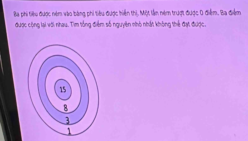 Ba phi tiêu được ném vào bảng phi tiêu được hiển thị. Một lần ném trượt được 0 điểm. Ba điểm 
được cộng lại với nhau. Tìm tổng điểm số nguyên nhỏ nhất không thể đạt được.