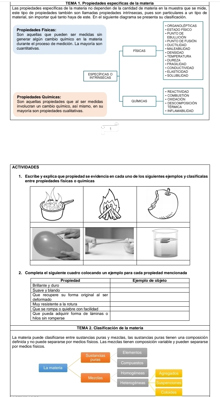 TEMA 1. Propiedades especificas de la materia
Las propiedades específicas de la materia no dependen de la cantidad de materia en la muestra que se mide,
este tipo de propiedades también son llamadas propiedades intrínsecas, pues son particulares a un tipo de
material, sin importar qué tanto haya de este. En el siguiente diagrama se presenta su clasificación.
* ORGANOLÉPTICAS
Propiedades Físicas: • ESTADO FÍSICO
Son aquellas que pueden ser medidas sin • PUNTO DE
generar algún cambio químico en la materia EBULLICION
durante el proceso de medición. La mayoría son  • Ductilidad * PUNTO DE FUSIÓN
cuantitativas. físicas • MALEABILIDAD
• DENSIDAD
• TEMPERATURA
• DUREZA
• FRAGILIDAD
• CONDUCTIVIDAD
ESPECÍFICAS O • SOLUBILIDAD • ELASTICIDAD
INTRINSECAS
• REACTIVIDAD
Propiedades Químicas: * OXIDACIÓN * COMBUSTIÓN
Son aquellas propiedades que al ser medidas QUÍMICAS * DESCOMPOSICIÓN
involucran un cambió químiço. así mismo. en su TÉRMICA
mayoría son propiedades cualitativas. • INFLAMABILIDAD
1
ACTIVIDADES
1. Escribe y explica que propiedad se evidencia en cada uno de los siguientes ejemplos y clasificalas
entre propiedades físicas o químicas
2. Completa el siguiente cuadro colocando un ejemplo para cada propiedad mencionada
Propiedad Ejemplo de objeto
Brillante y duro
Suave v blando
Que recupere su forma original al ser
deformado
Muy resistente a la rotura
Que se rompa o quiebre con facilidad
Que pueda adquirir forma de láminas o
hilos sin romperse
TEMA 2. Clasificación de la materia
La materia puede clasificarse entre sustancias puras y mezclas, las sustancias puras tienen una composición
definida y no puede separarse por medios físicos. Las mezclas tienen composición variable y pueden separarse
por medios físicos.
Sustancias Elementos
puras
Compuestos
La materia
Homogéneas Agregados
Mezclas
Heterogéneas Suspenciones
Coloides