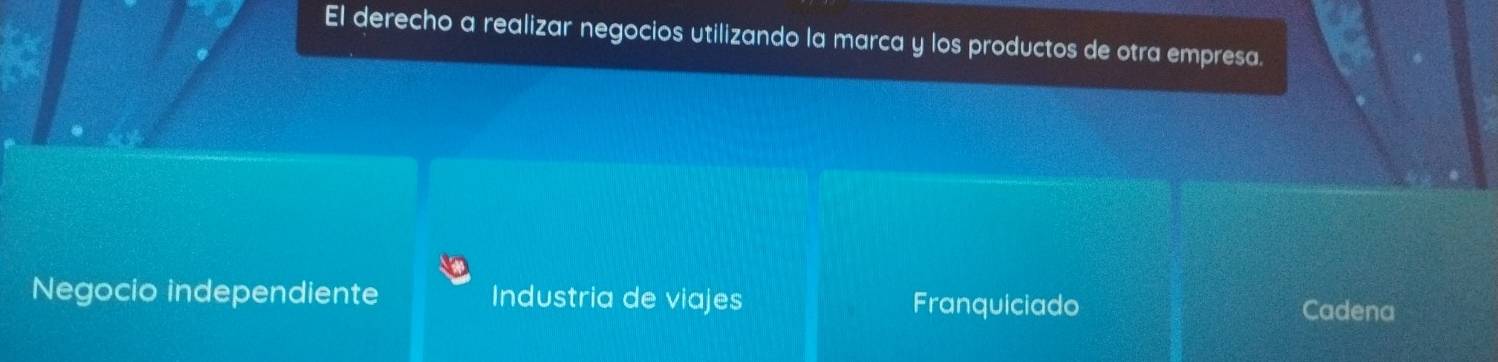 El derecho a realizar negocios utilizando la marca y los productos de otra empresa.
Negocio independiente Industria de viajes Franquiciado
Cadena