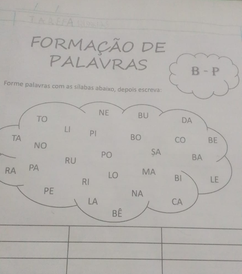 FORmAção DE 
PALAVRAS
B-P
Forme palavras com as sílabas abaixo, depois escreva:
R