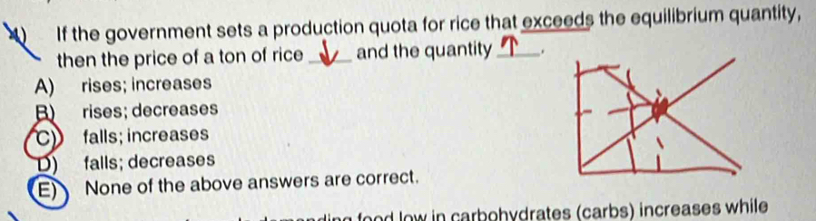 If the government sets a production quota for rice that exceeds the equilibrium quantity,
then the price of a ton of rice _and the quantity _.
A) rises; increases
B) rises; decreases
C falls; increases
D) falls; decreases
E) None of the above answers are correct.
hnd low in carbohydrates (carbs) increases while