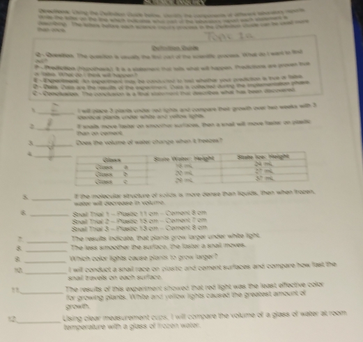 Directions: Uhing the Delintion Guide betow, chwrths the components af athwerk abortory ipare
to te e wher te e n wo  met oo the mo ween wah ca   
tre  . tThe kes Abr a o e i      e  a n en te a    
Defnition Quién
2 -  Dvesition. The quesition is seuats the lest oct of the scacite process. What doI wark to fid
t Predfction (hspolhasa). It a a staement that tells what wit happen. Predictions are proven tut
or bae, that do t mes will hasger."
E   Epertmead i expertment may he conautee to md whelther your pretiction in tice as fnre
D - Dein Cue ane the results of the exchenmen Calh is coltected duing the implementaton pase
C - Conclowger. The concituation as a that sueemont that desorbes what has been decvered
_
h i will place 3 plants unde reu rights and compare thait growith over two weeks with 3
secacal plants undes whte and votoe lightts
2 I snaits move laster on smoother surfaces, then a snail will move faster on plastc
than on cement.
_
3 Does the volume of water change when it freezes?
4
3 _T the molecular siructure x° solds is more dense than liquids, then when fropen,
water will decrease in volume.
6 _ Snail Trial 1 - Plastic 11 cm - Coment 8 cm
Snail Trial 2 - Pluetc 15 cm - Coment 7 cm
Snail Trial 3 - Plustic 13 cm - Coment 8 cm
_
The results indicate, that plants grow lurger under white light,
_
8 The less smoother the surface, the laster a snall moves.
8 _Which color lights cause plants to grow larger?
10 _I will conduct a snail race on plastic and cement surfaces and compare how fast the
snail trávels on each surface
 _The resuits of this experiment showed that red light was the least effective color
for growing plants. White and yellow lights caused the greatest amount of
growth.
_
12 Using clear measurement cups, I will compare the volume of a glass of water at room
temperature with a glass of frozen water.