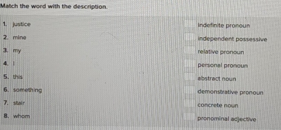 Match the word with the description.
1. justice Indefinite pronoun
2. mine independent possessive
3. my relative pronoun
4. 1 personal pronoun
5. this abstract noun
6. something demonstrative pronoun
7. stair concrete noun
8. whom pronominal adjective