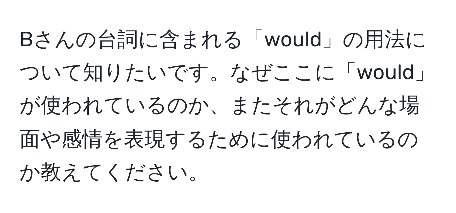 Bさんの台詞に含まれる「would」の用法について知りたいです。なぜここに「would」が使われているのか、またそれがどんな場面や感情を表現するために使われているのか教えてください。