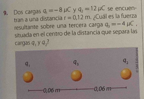 Dos cargas q_1=-8mu C y q_2=12mu C se encuen-
tran a una distancia r=0,12m ¿Cuál es la fuerza
resultante sobre una tercera carga q_3=-4mu C,
situada en el centro de la distancia que separa las
cargas q_1 y q_2