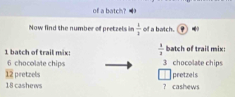 of a batch? 
Now find the number of pretzels in  1/2  of a batch.
 1/2 
1 batch of trail mix: batch of trail mix:
6 chocolate chips 3 chocolate chips
12 pretzels pretzels
18 cashews ? cashews