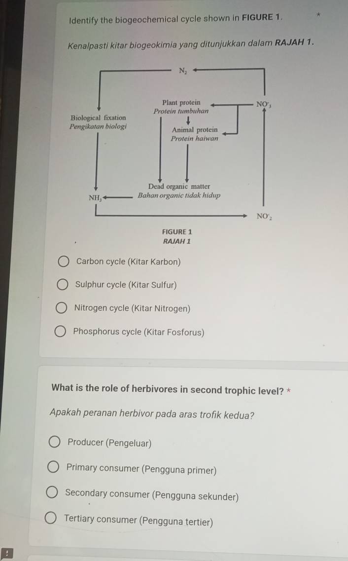 Identify the biogeochemical cycle shown in FIGURE 1.
Kenalpasti kitar biogeokimia yang ditunjukkan dalam RAJAH 1.
Carbon cycle (Kitar Karbon)
Sulphur cycle (Kitar Sulfur)
Nitrogen cycle (Kitar Nitrogen)
Phosphorus cycle (Kitar Fosforus)
What is the role of herbivores in second trophic level? *
Apakah peranan herbivor pada aras trofik kedua?
Producer (Pengeluar)
Primary consumer (Pengguna primer)
Secondary consumer (Pengguna sekunder)
Tertiary consumer (Pengguna tertier)
.