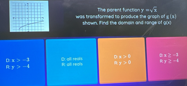 The parent function y=sqrt(x)
was transformed to produce the graph of g(x)
shown. Find the domain and range of g(x)
D: x>0 D: x≥ -3
D: x>-3 D: all reals
R: y≥ -4
R: y>-4 R: all reals
R: y>0