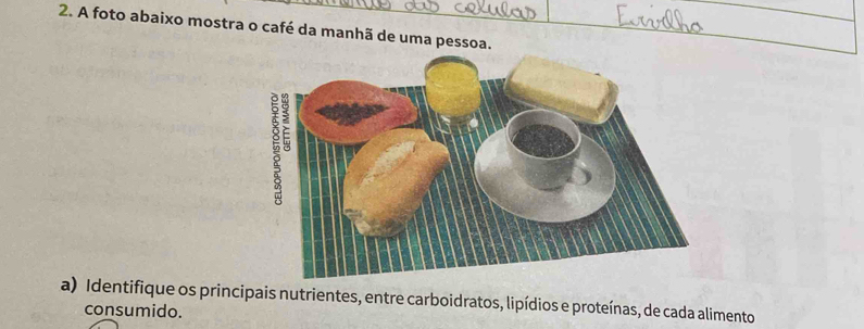 A foto abaixo mostra o café da manhã de uma pessoa. 
a) Identifique os principais nutrientes, entre carboidratos, lipídios e proteínas, de cada alimento 
consumido.